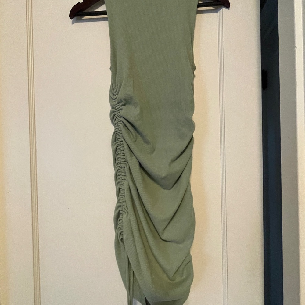 Sage Green Ribbed Drawstring Ruched Bodycon Dress - Picture 4 of 4